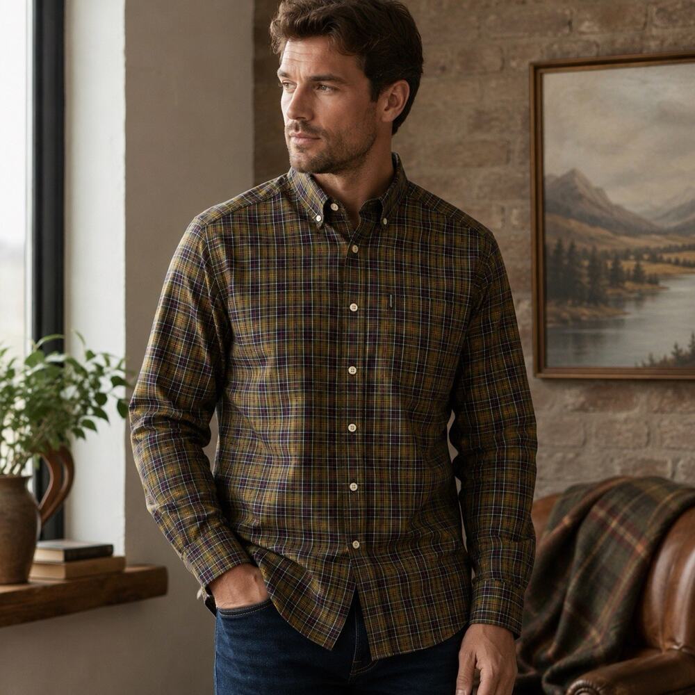 Barbour Malcolm Tailored Fit Plaid Button Down Shirt Men’s Small Olive Tartan